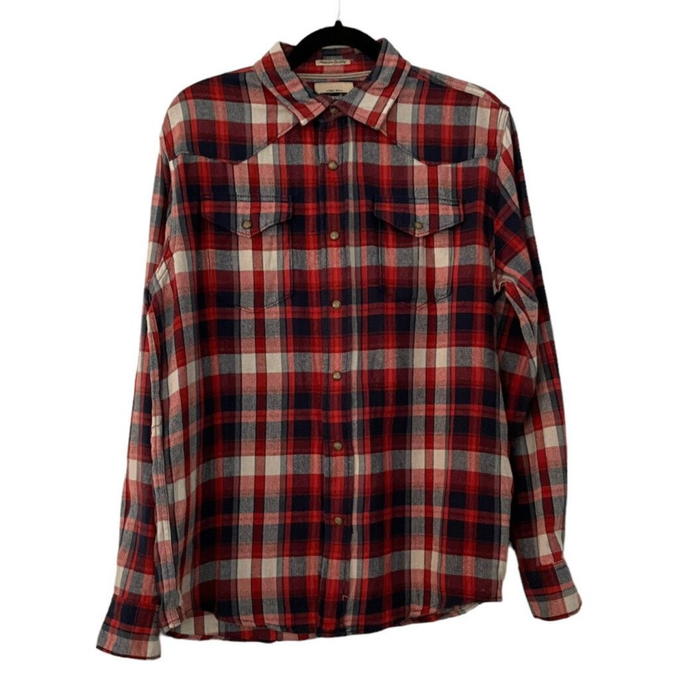 Wrangler Premium Quality Flannel Shirt Men Blue Plaid Snap Shirt Medium Western